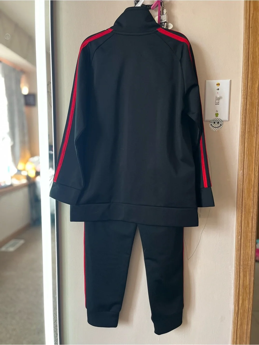 Boys Adidas Black Track Suit with Red Stripe Accents